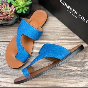 NIB Kenneth Cole Asymmetric Palm Sandal Thong Toe Loop Flip Flop Blue Real Fur